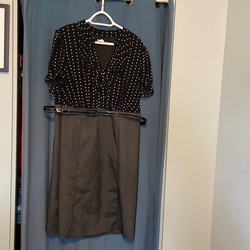 EUC pencil dress with belt and ruffled neckline